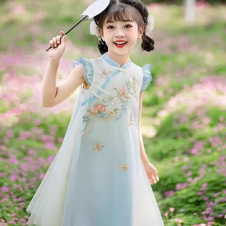 女童旗袍夏装新款汉服小女孩改良复古唐装儿童国风刺绣网纱连衣裙