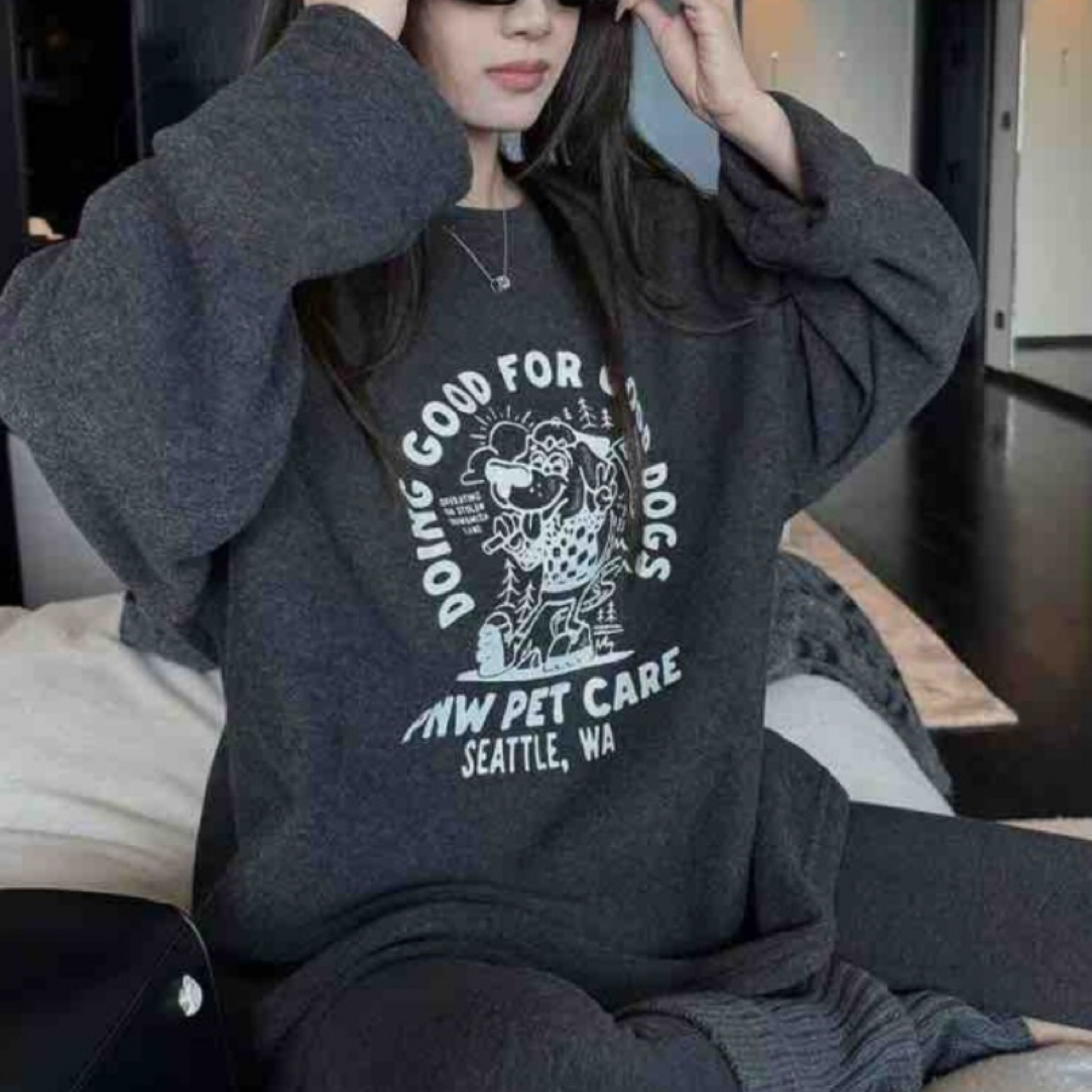 韩国毛圈卫衣宽松大版加绒卫衣印花圆领百搭