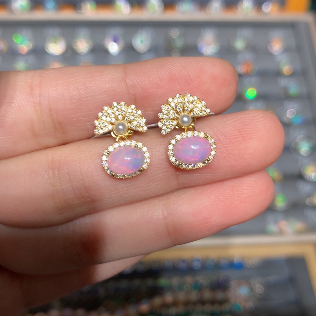 银S925镶嵌欧泊欧泊耳饰y