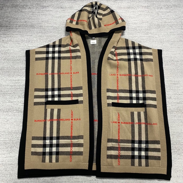 【burberry】巴宝莉 经典格纹黑边刺绣logo羊毛连帽披肩onesize全新
