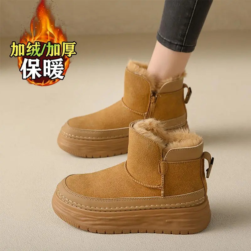 雅鹿雪地靴女款2025新款冬季加绒加厚皮毛一体厚底防滑保暖大棉鞋