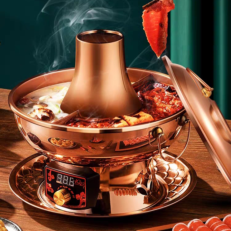 纯铜电火锅老北京涮肉火锅老式铜火锅加厚家用单人多人插电铜火锅