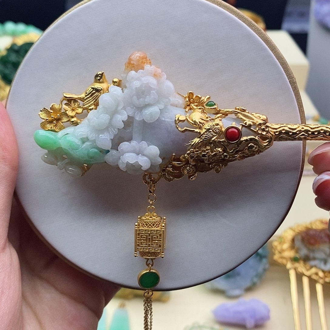 银S925镀金镶嵌翡翠发簪发簪