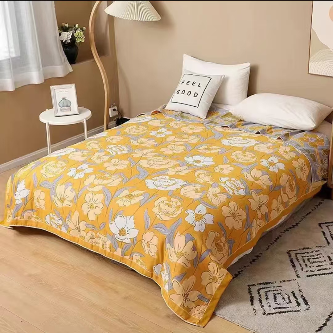 亲肤透气水洗棉多层纱布盖毯大尺寸床盖--栀子花