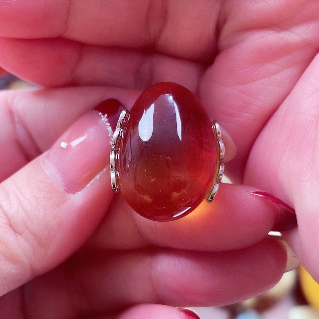 琥珀戒指银S925镶嵌戒指