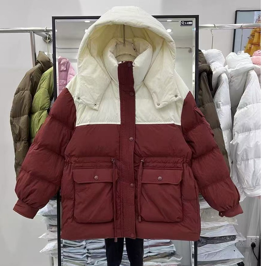 冬季新款撞色连帽羽绒服中长款韩版收腰保暖外套K24333