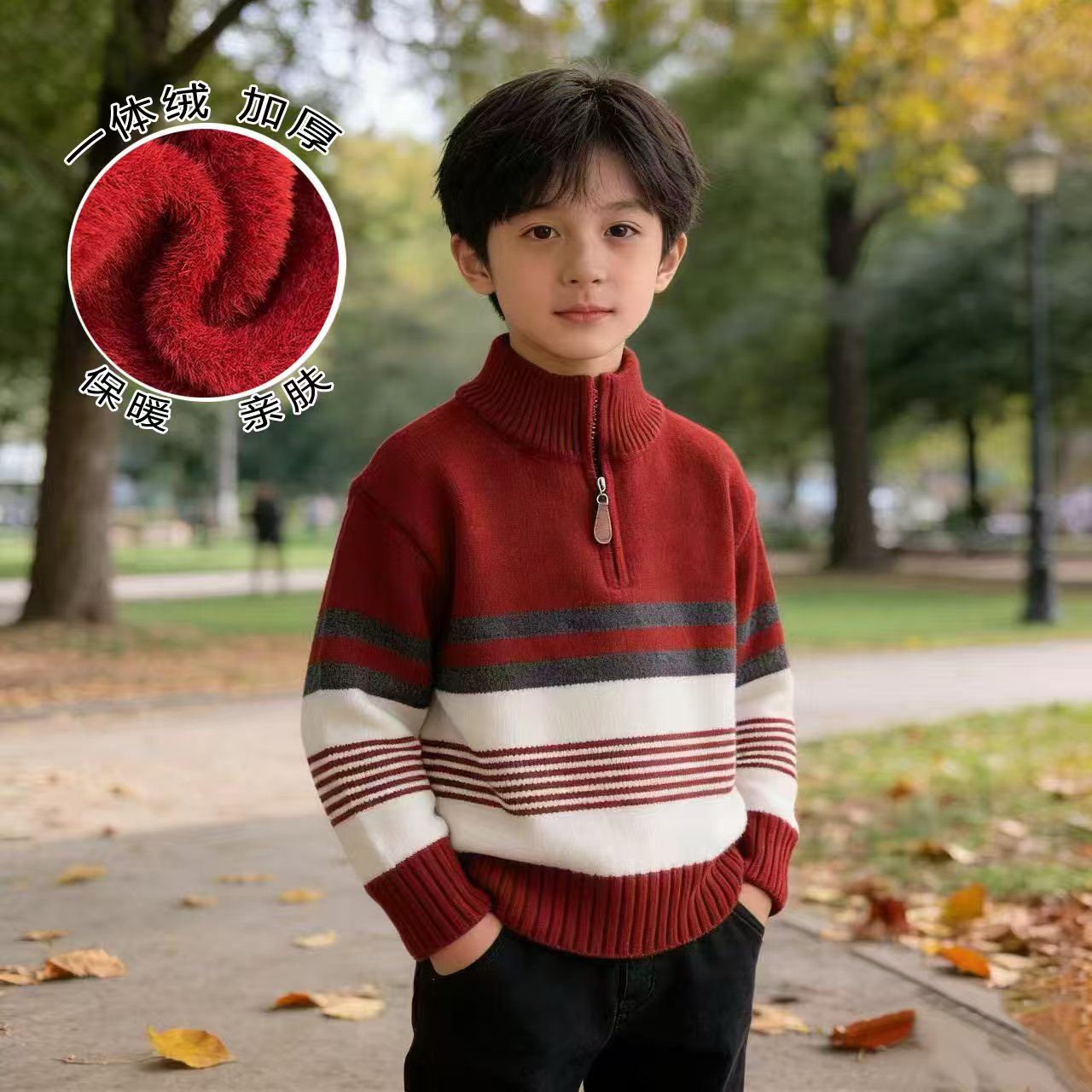 (不起球)男童一体绒条纹毛衣加厚儿童洋气秋冬半拉链中大童针织衫