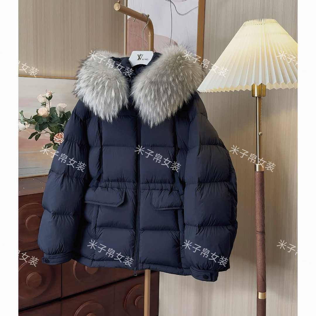 【95飞天白鹅绒】2025新款云朵泡芙真毛领冬洋气连帽收腰羽绒服L