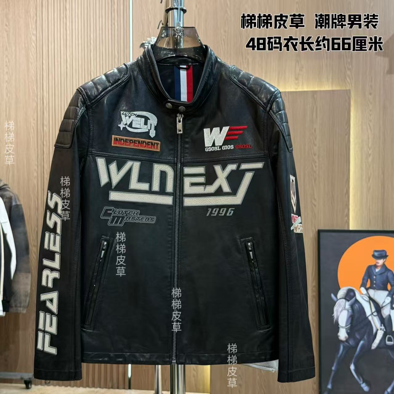 男士真皮山羊皮春秋单款重工植鞣赛车服夹克潮牌刺绣2492黑色现货