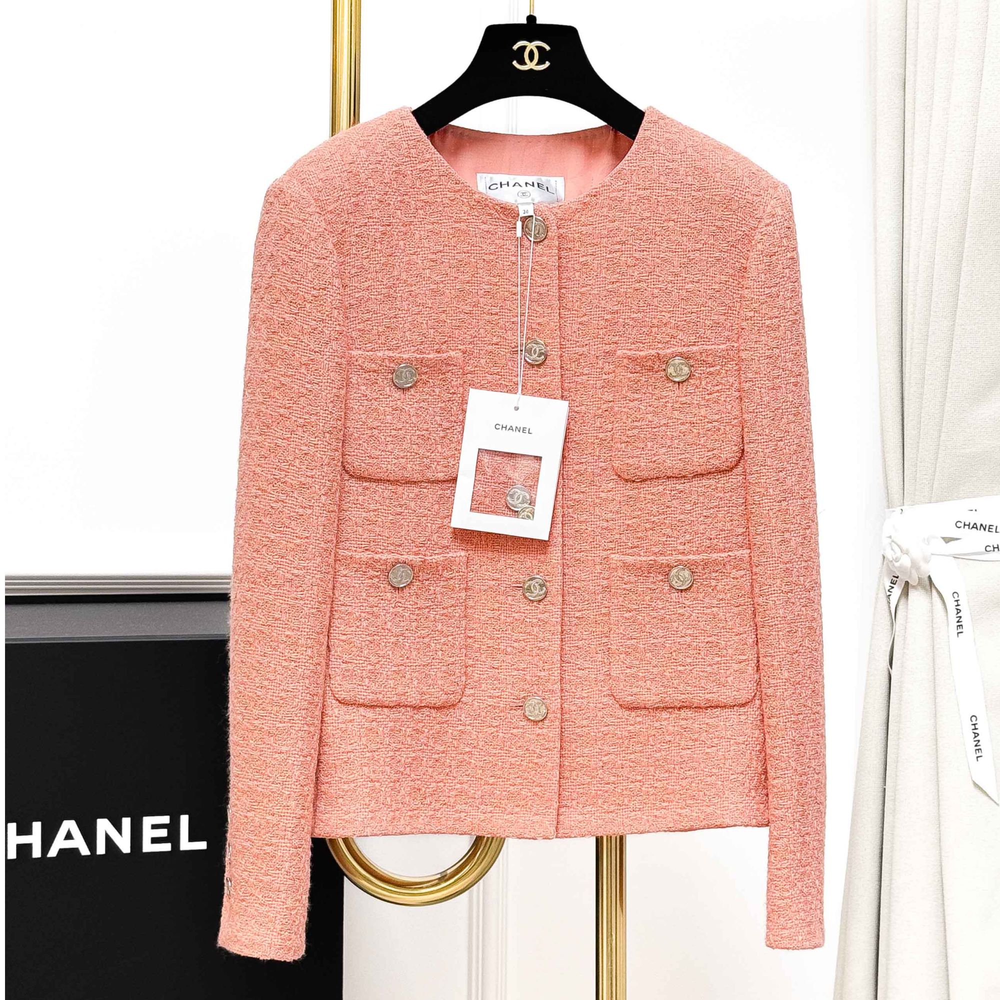 99新 Chanel/香奈儿 36码 粉色 银扣 长袖 编织 外套 