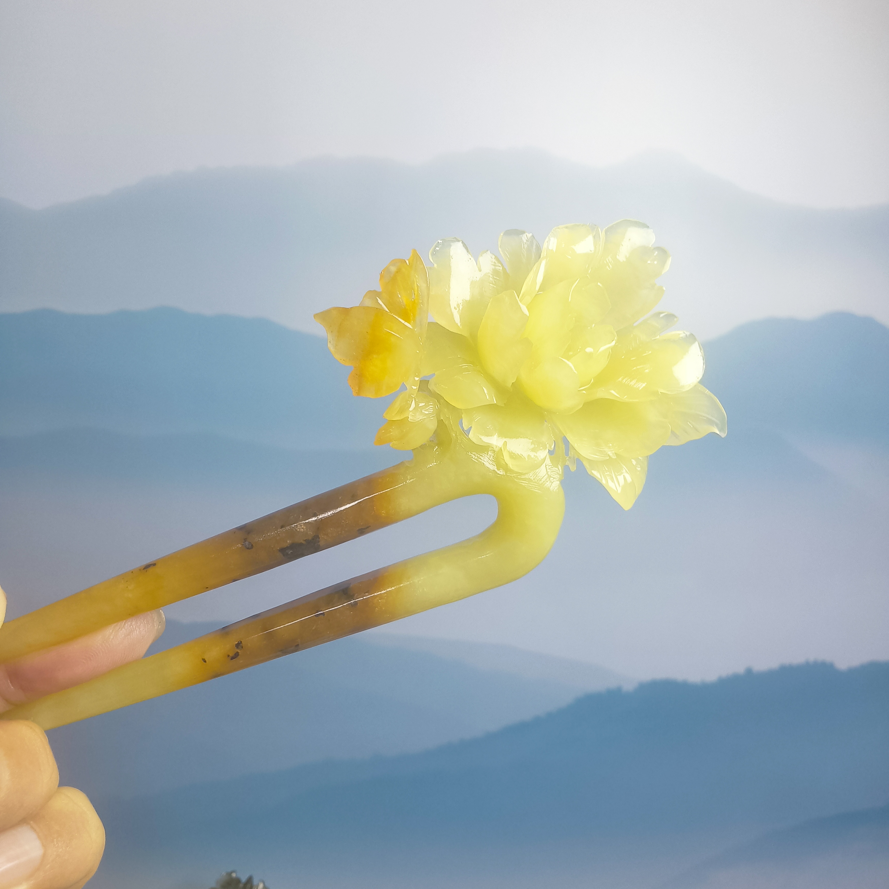 天然岫玉发簪手工雕刻，双插牡丹发钗古风百搭