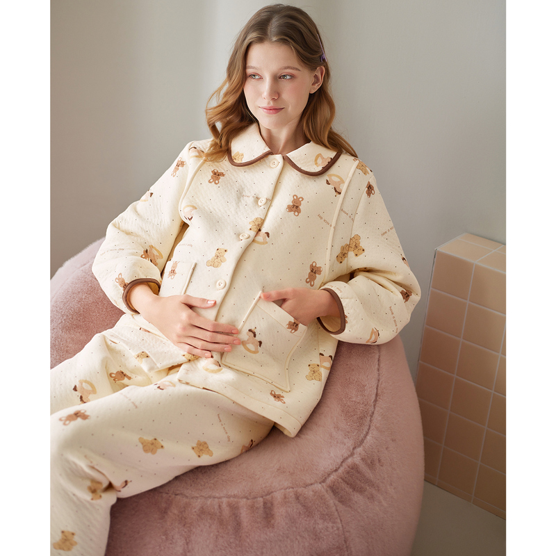 芬腾月子服秋冬季空气棉夹层针织薄夹棉睡衣孕妇产妇产后家居服