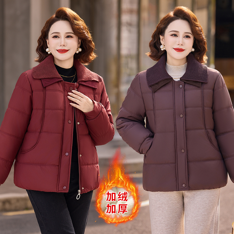 短款棉服加厚休闲风方领中老年女装妈妈装棉袄冬季气质加绒外套女