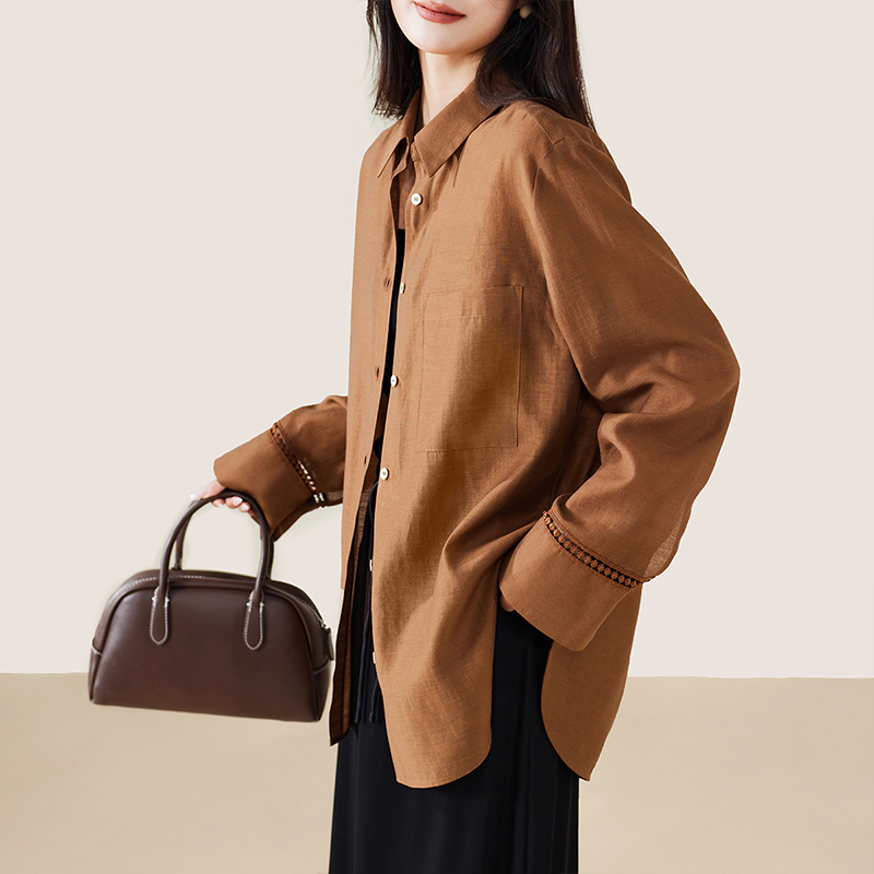 索菲丝尔【透气莱赛尔】设计感翻领长袖衬衫女2025秋纯色女士513003