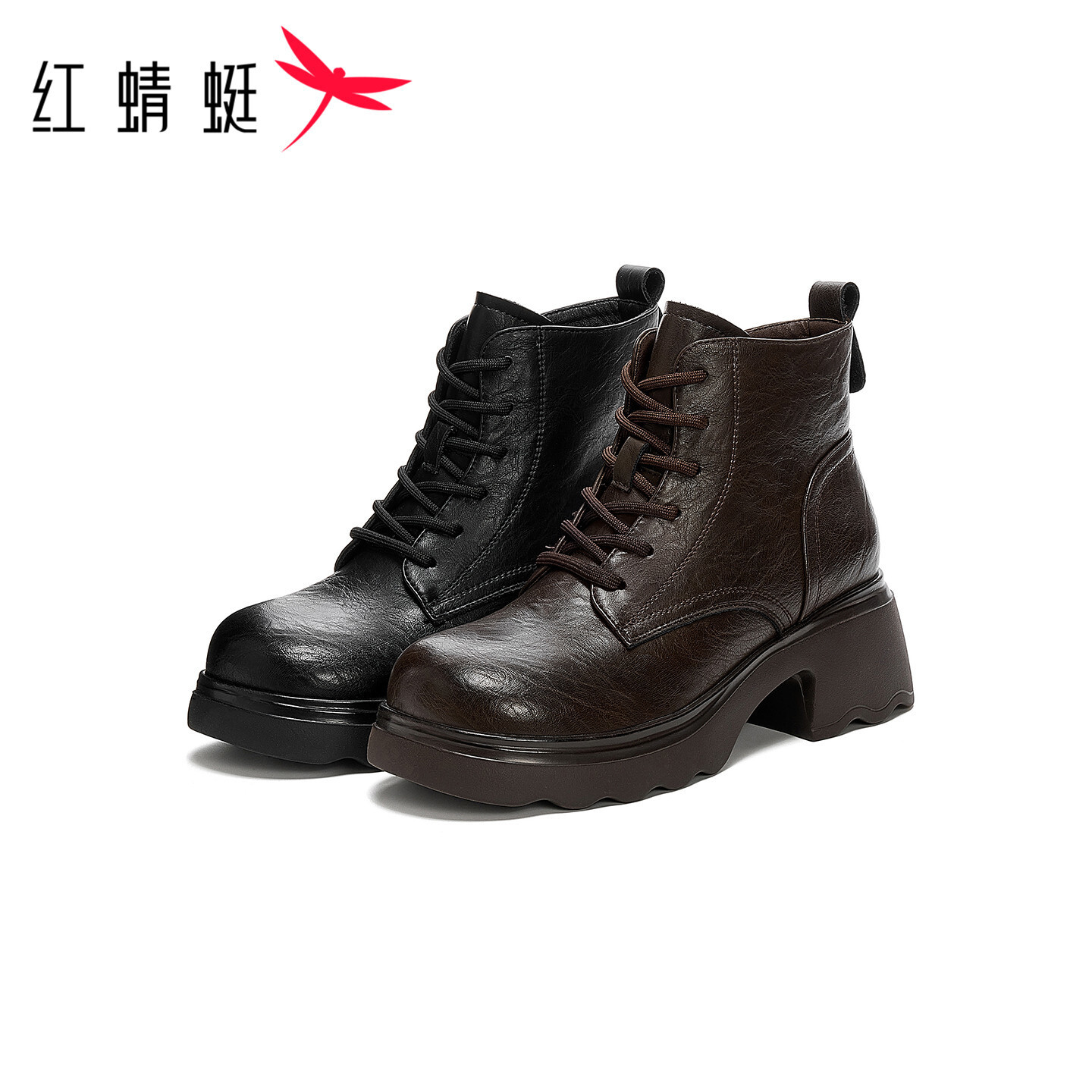 红蜻蜓中跟圆头时尚休闲秋季街头风女靴系带女平底马丁靴