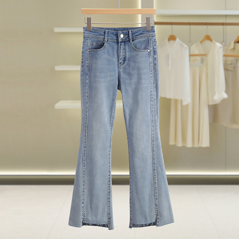 【伍莎-自营】优雅气质修身显瘦牛仔喇叭裤#WYL55Z039