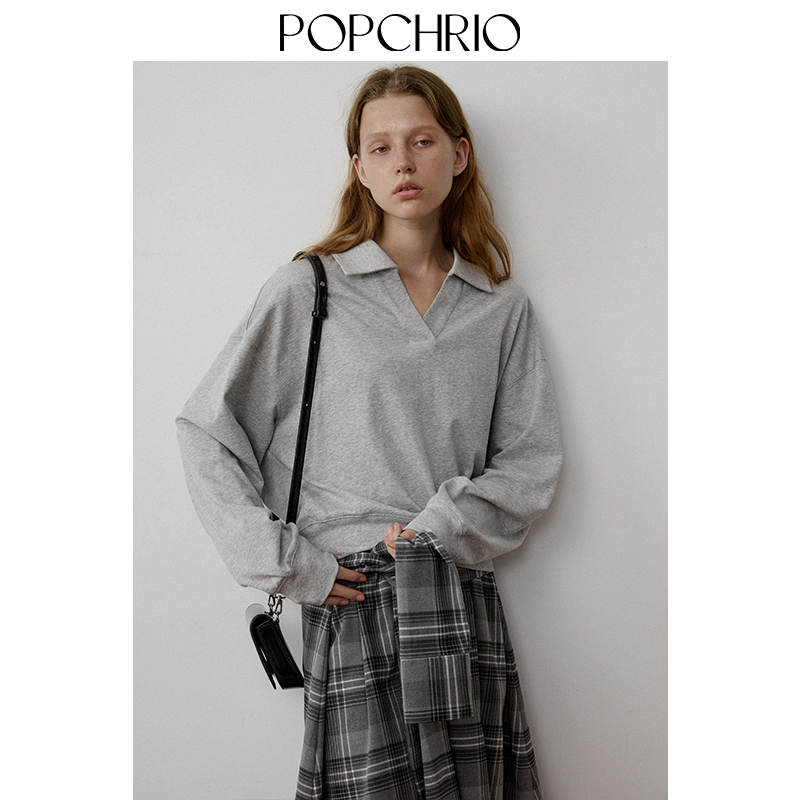 POPCHRIO◆ 复古慵懒风polo领长袖休闲卫衣宽松V领纯棉上衣女秋季