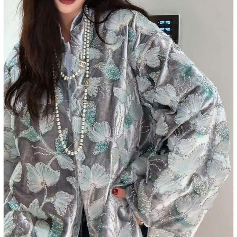新中式国风夹棉外套女秋冬宽松重工亮片刺绣时尚棉服立领唐装上衣