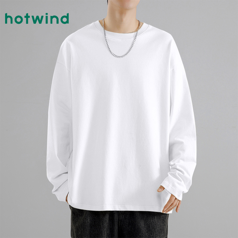 Hotwind/热风纯棉打底衫青少年春秋季宽松白色体恤潮流长袖t恤男