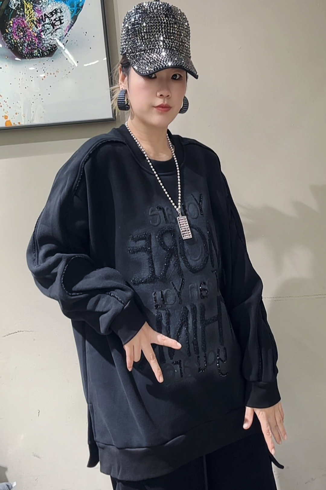 潮牌女装冬款加绒加厚圆领卫衣大版宽松显瘦百搭卫衣