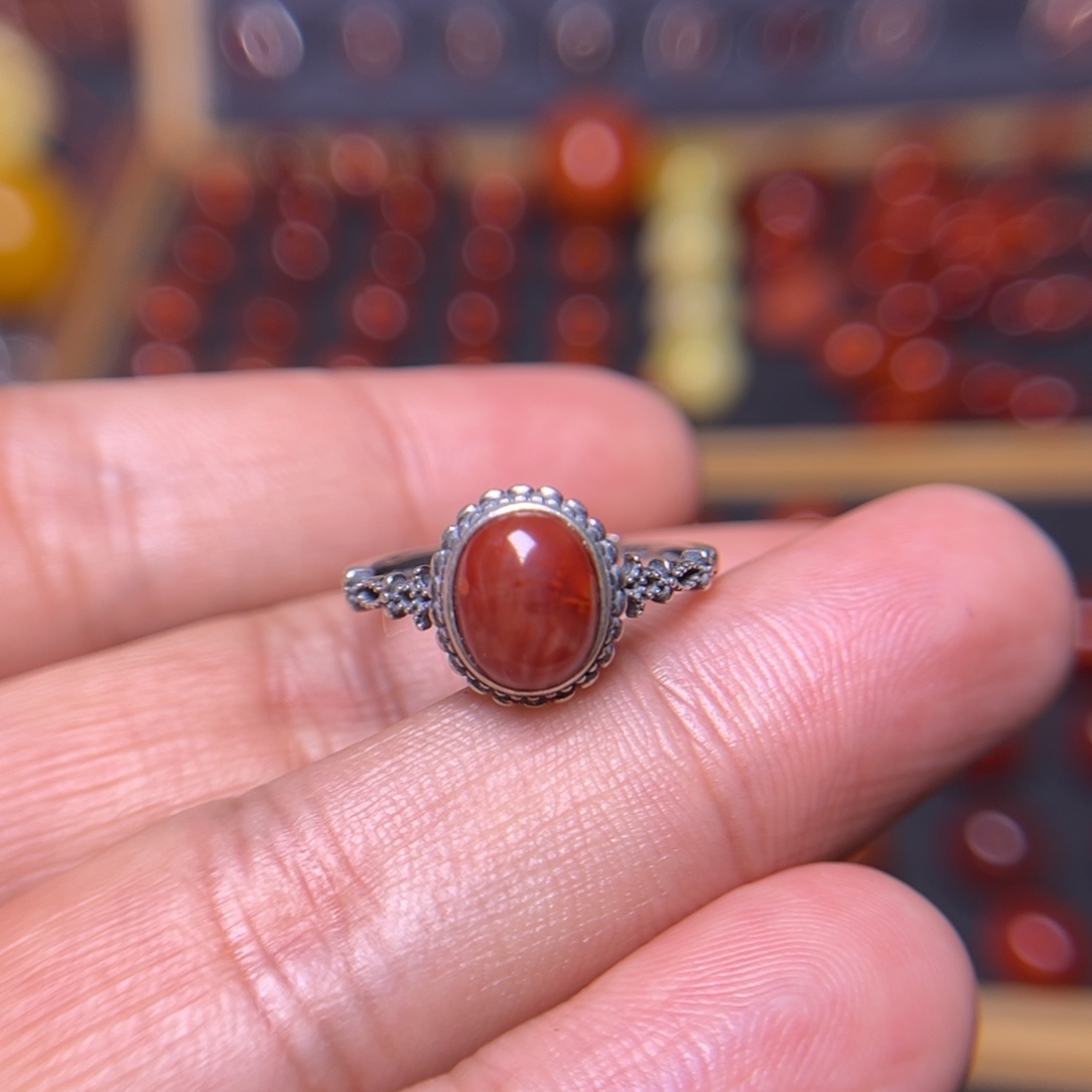 吞***我南红玛瑙银S925镶嵌戒指原矿瓦西火焰纹精品女戒