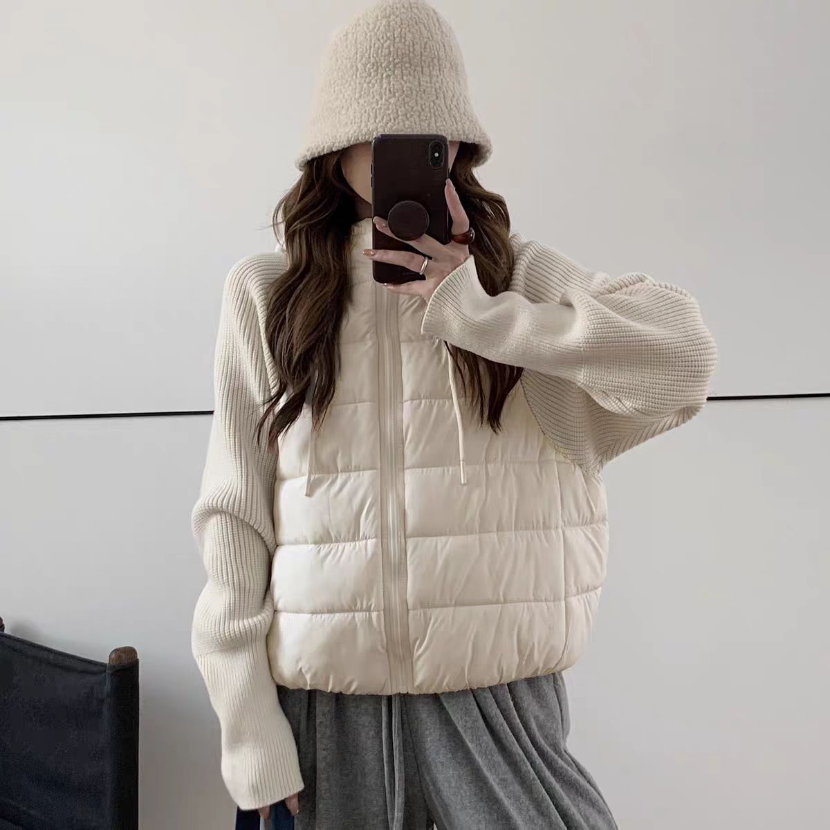 女长袖短款拼接连帽针织棉服棉衣休闲冬季潮流保暖