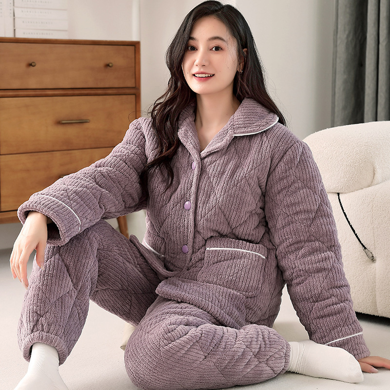 秋冬季新款珊瑚绒睡衣女可外穿加绒加厚保暖三层夹棉家