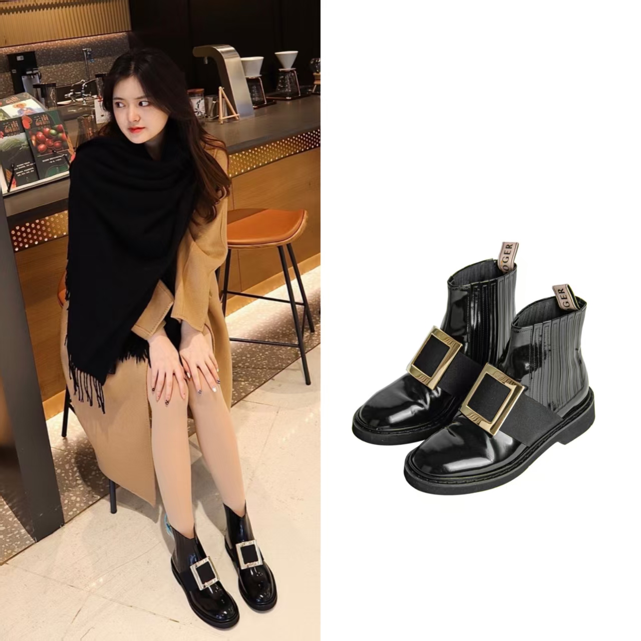 99新 Roger Vivier/罗杰·维威耶 平底短靴时尚黑色圆头35码 R1606