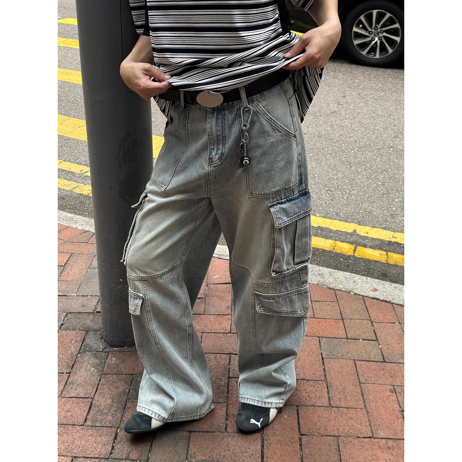 19studio WAYNEPRINCE水洗做旧工装牛仔裤男多口袋拼接设计阔腿裤