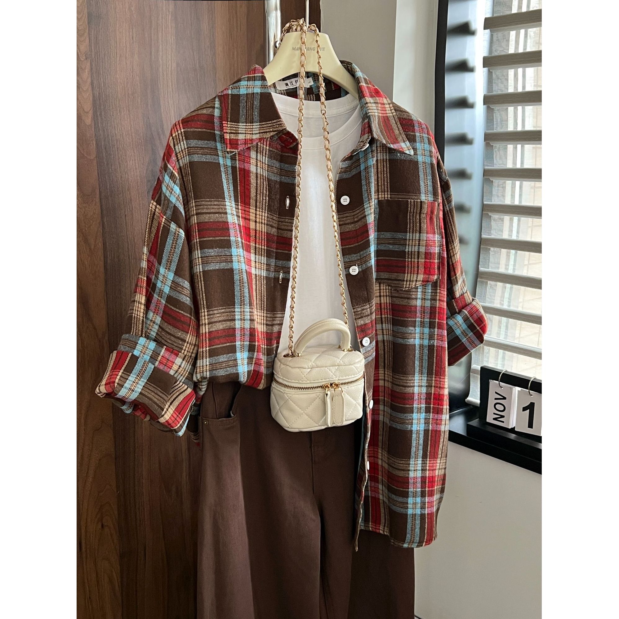 彩虹格子长袖衬衫女款2025新款小众设计感外套韩系氛围感早秋上衣