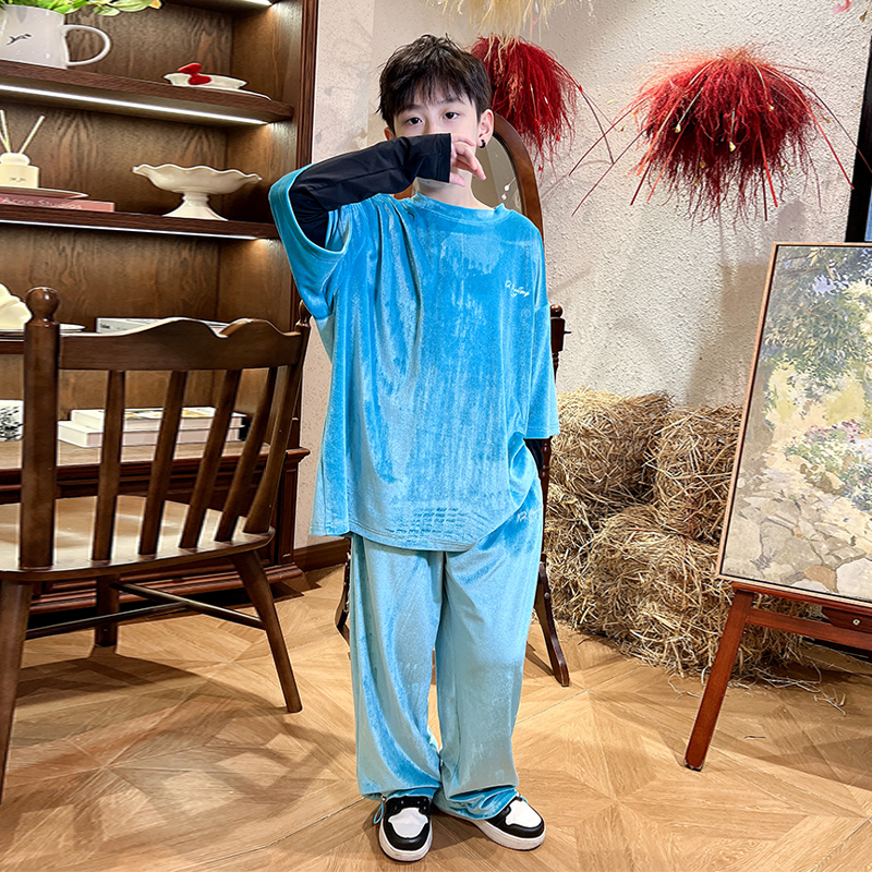 王嘉尔同款男童套装春夏新款T儿童潮牌短袖T恤中大童女童两件套装