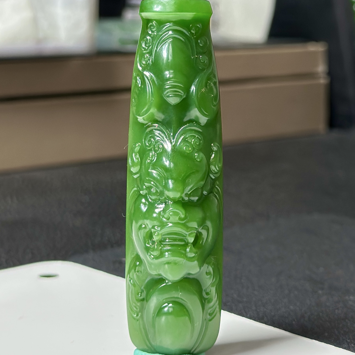 【俄料】和田玉碧玉老坑料粉阳绿果阳绿 长寿「兽」如意！饕餮兽面守护