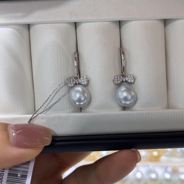 海水珍珠耳饰银S925镶嵌9-10mm蓝血澳白