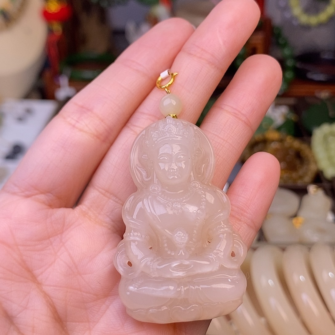 和田玉熟藕粉老料18.K金度母吊坠清货价未镶嵌