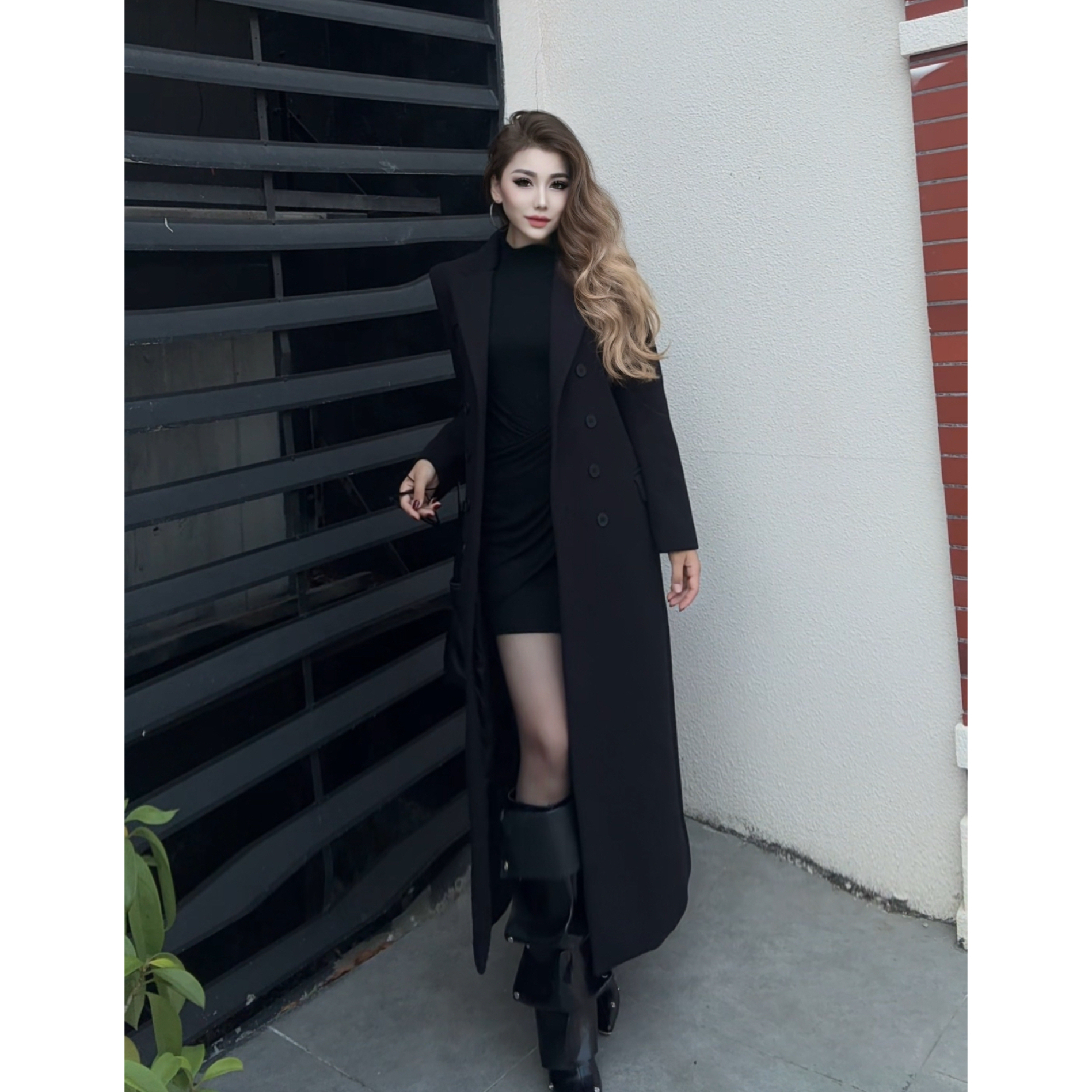 古丽服装店长款薄款纯色长袖中长款毛呢外套宽松黑色时尚26286-1