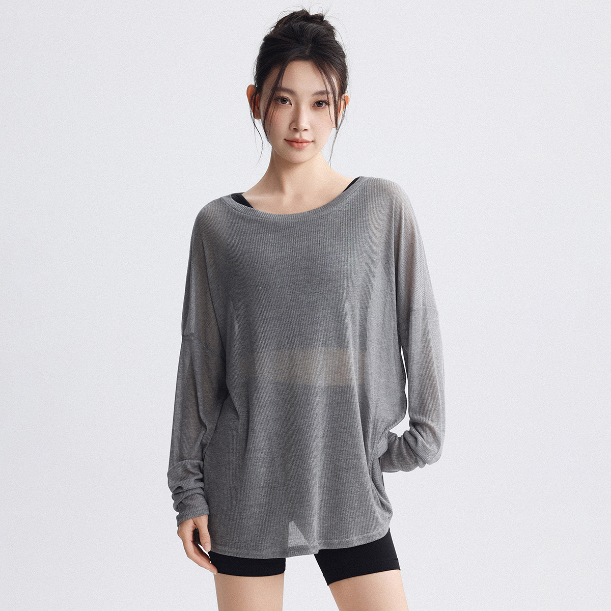 高级感瑜伽服女宽松罩衫显瘦健身上衣长袖网纱训练普拉提运动跑步