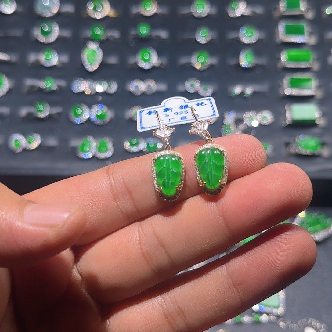 翡翠银S925镀金镶嵌耳饰