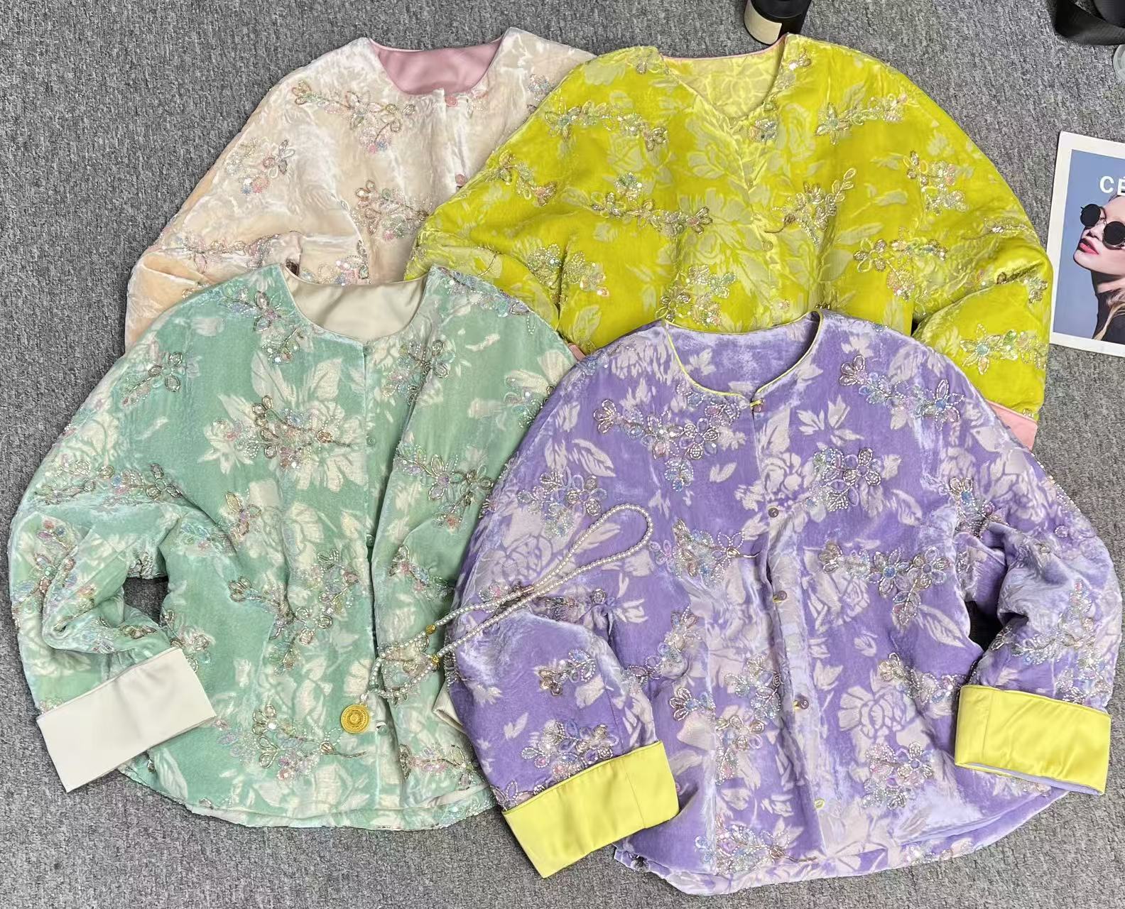 高端定制进口金属丝丝绒羊绒棉重工钉珠刺绣亮片轻奢棉服外套