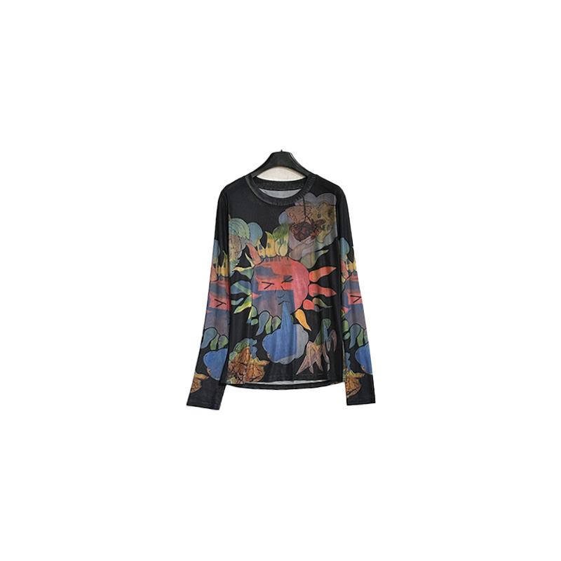 南油小众设计师新品彩色太阳花网纱长袖T恤