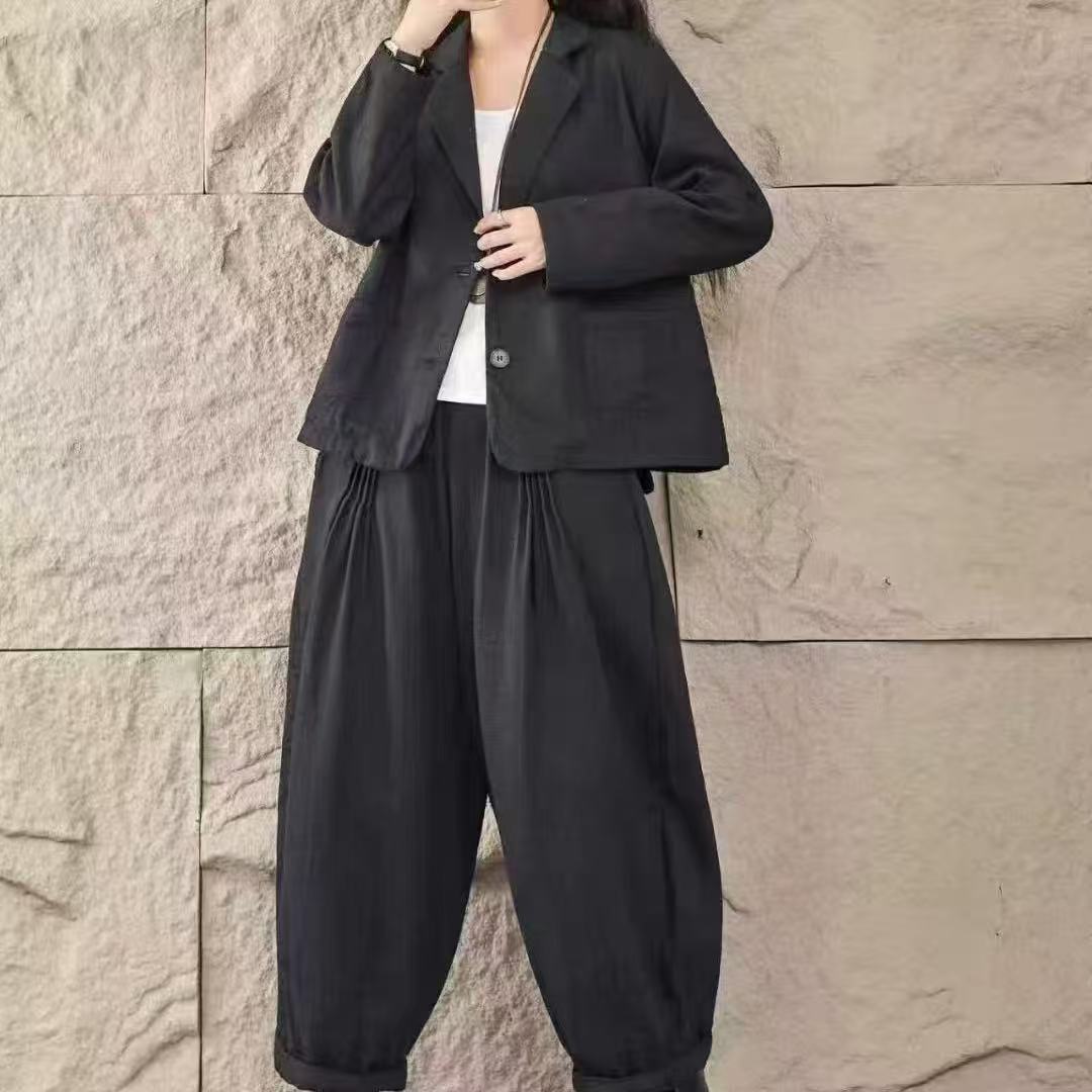 长袖纯色棉纱西装套装秋季百搭