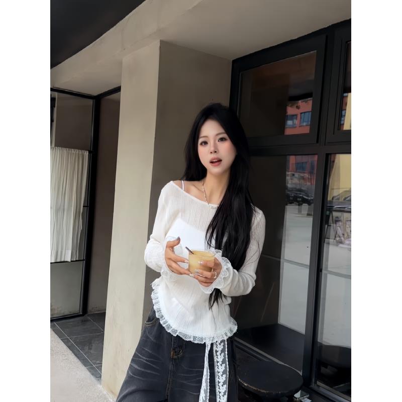娜娜自制【蕾丝边】慵懒复古设计感正肩显瘦宽松圆领上衣
