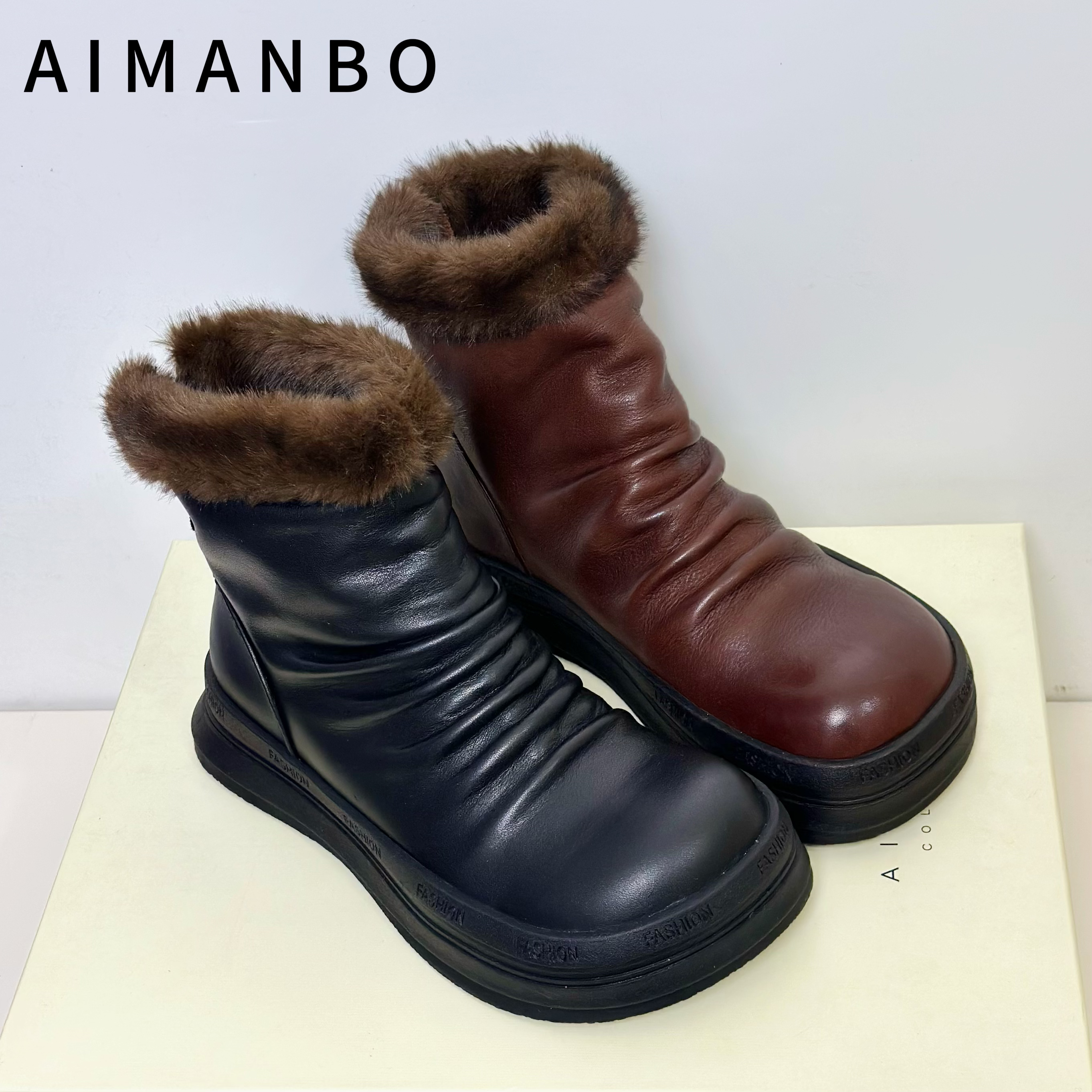 4053漫步佳人真皮大头雪地靴加绒加厚牛皮圆头女靴