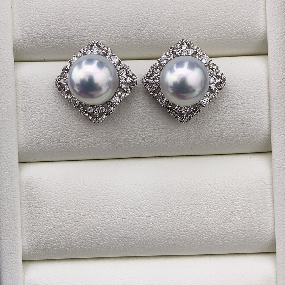 未镶嵌海水珍珠耳饰极光澳白银蓝光对珠10-11mm买断不退换