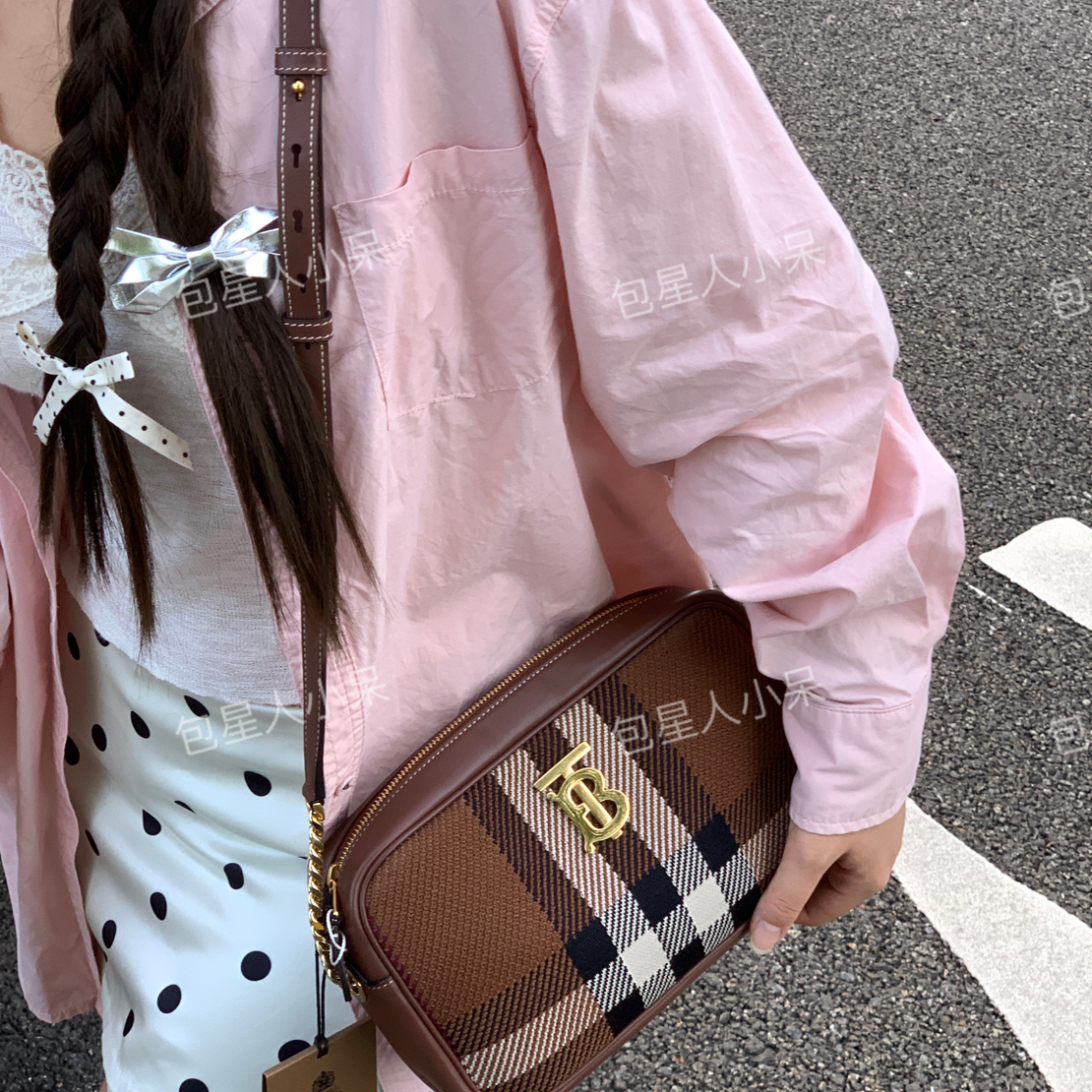 95新 BURBERRY/博柏利 热可可配色美拉德系格纹包咖色