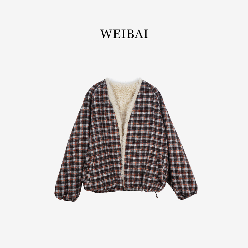 美拉德复古格子拼接毛毛棉服宽松加厚保暖外套82592