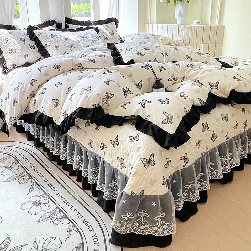 a法式赫本床盖四件套水洗棉公主风花边夹棉法式夹棉床磨毛件套