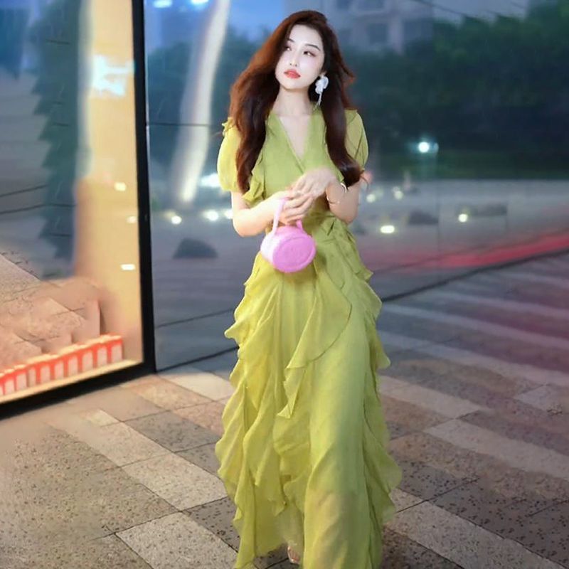 法式茶歇惊艳绝美绿色衬衫裙夏季新款别致收腰显瘦洋气减龄衬衣裙