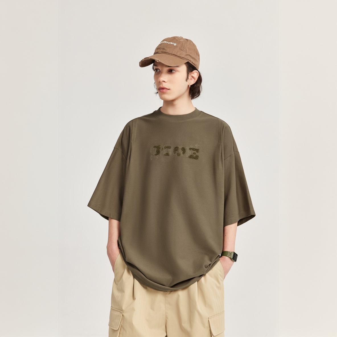 大弟潮牌/250g重磅纯棉斜纹刺绣T恤2025夏高级感线条绣复古上衣男