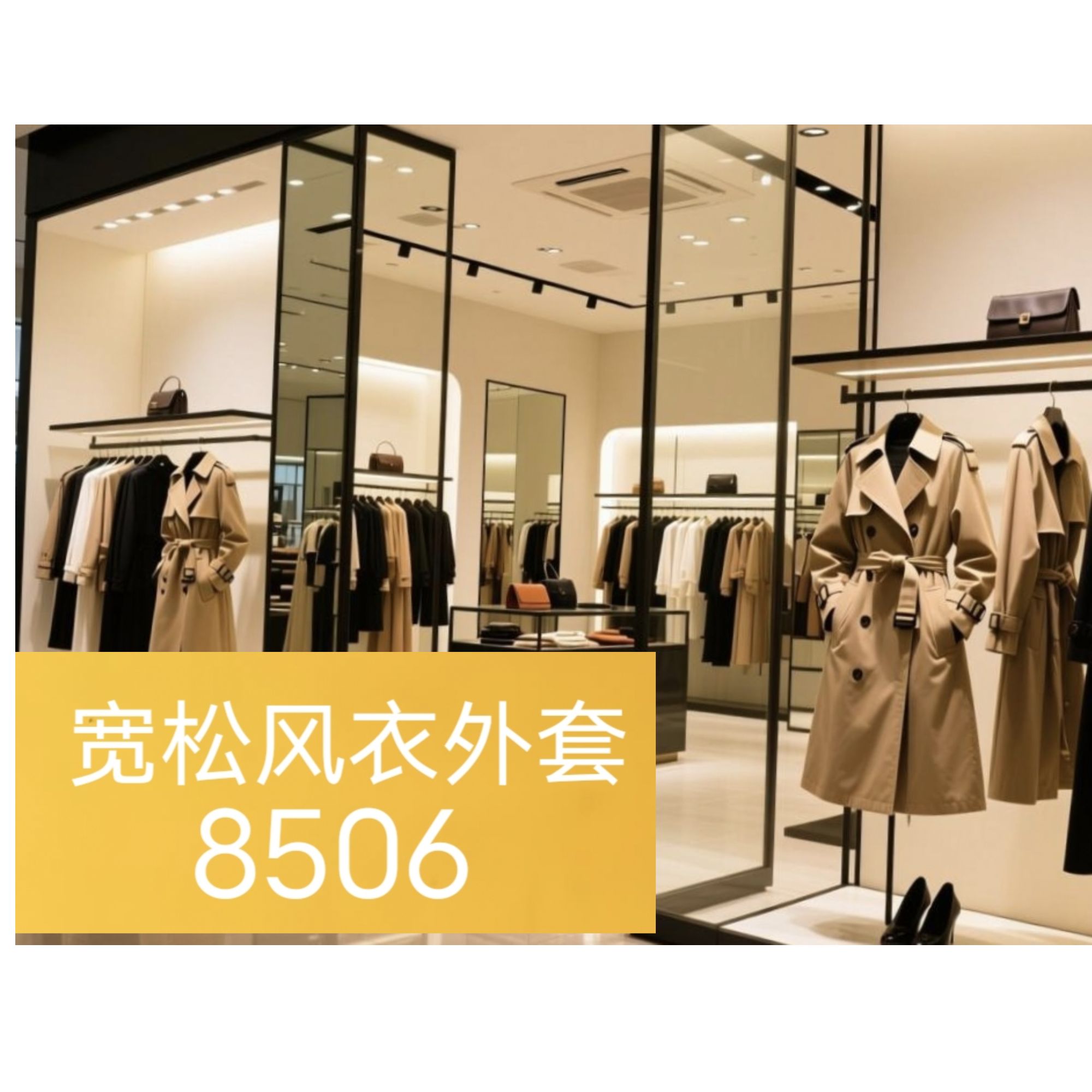 【HB8506】宽松版连帽格纹女士风衣外套