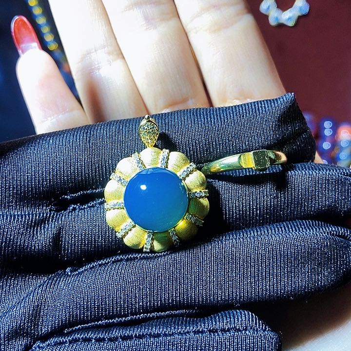 蓝珀珠宝奇石银S925镶嵌蓝珀两用款13.6mm净水